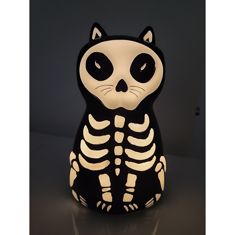 Cat Skeleton LED Night Light Figure Plastic Home Decor Halloween 8"x5" Goth Cute